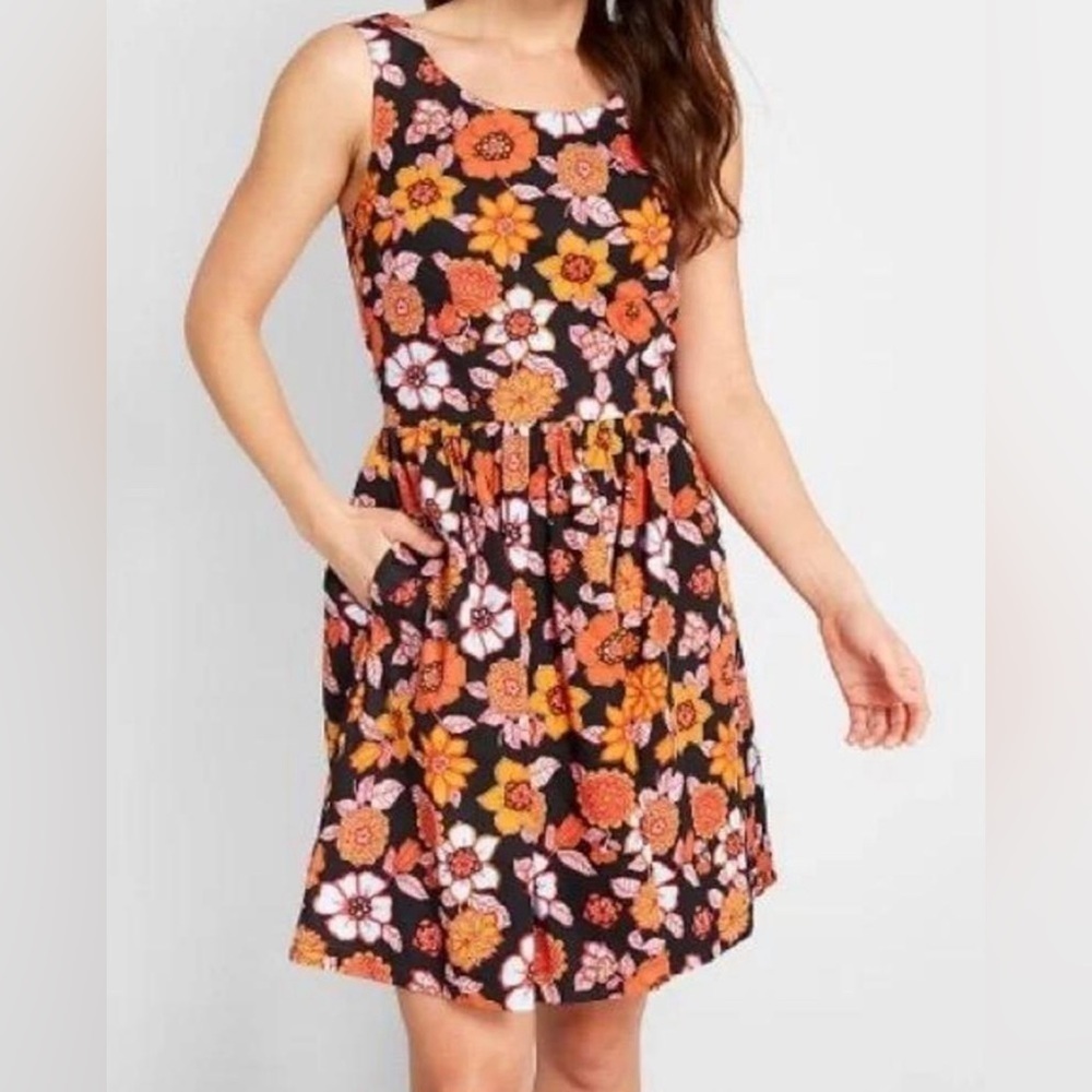 Modcloth Optimistic Effect Sleeveless A-Line Dress Black & Orange Floral Size M